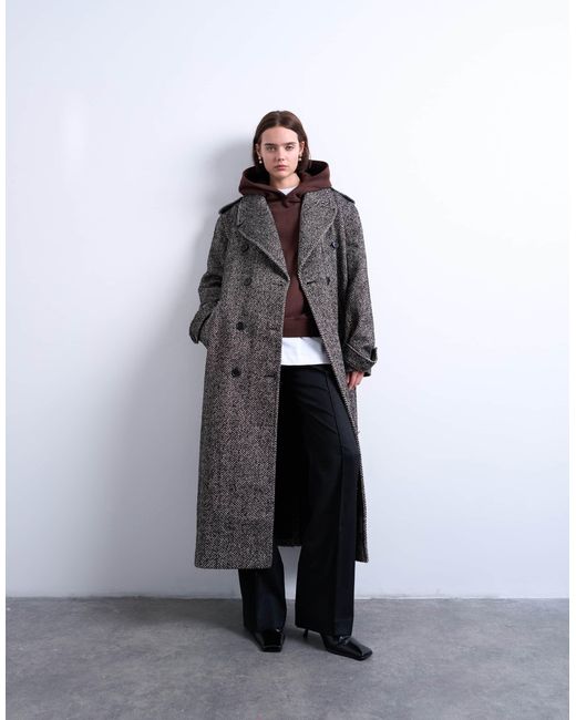 TOPSHOP Gray Twill Super Longline Belted Coat With Wool