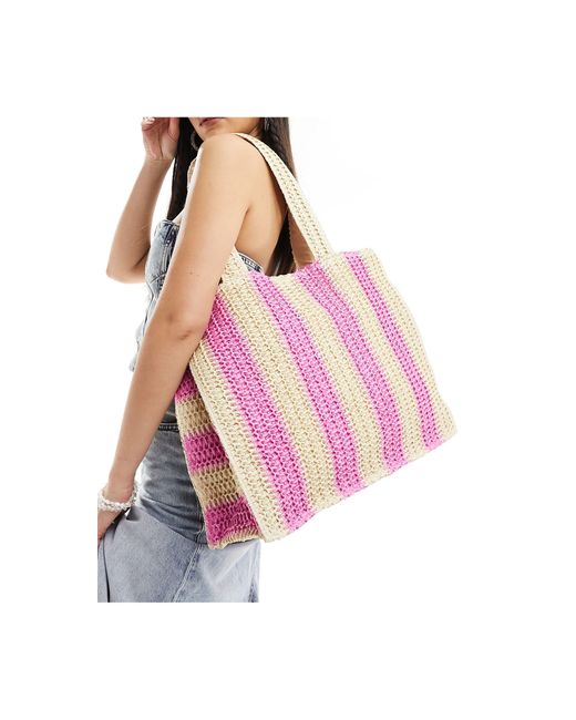 South Beach Pink Striped Straw Woven Shoulder Tote Bag
