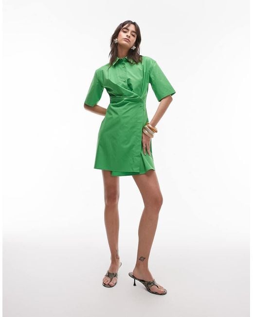 ARKET Green Cotton Rich Mini Shirt Dress With Button Wrap Front