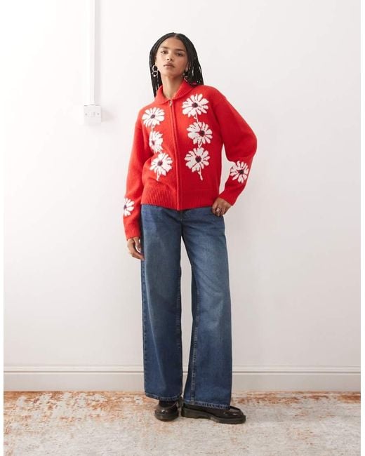 Reclaimed Vintage Red Knit Zip Up Cardigan With Flower Detail