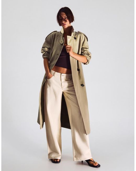 Bershka Natural Long Trench Coat With Belt