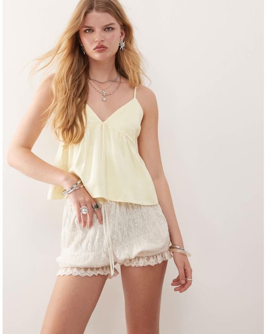 Reclaimed (vintage) Natural Festival Bloomer Shorts With Lace Trim And Floral Detail