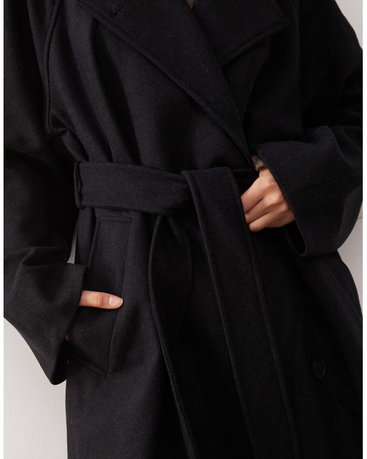 Weekday Black Lead Wool Blend Oversized Coat With Double Button And Tie Waist Detail