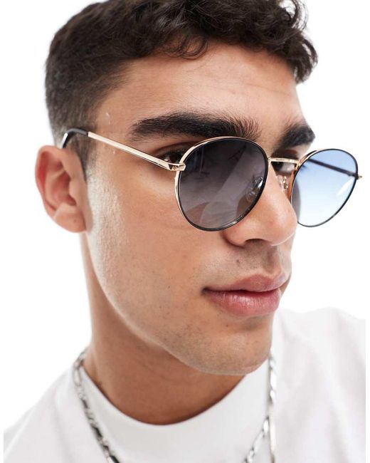 Occhiali Da Sole Rotondi Dorati Con Lenti Blu di Jack & Jones in White da Uomo