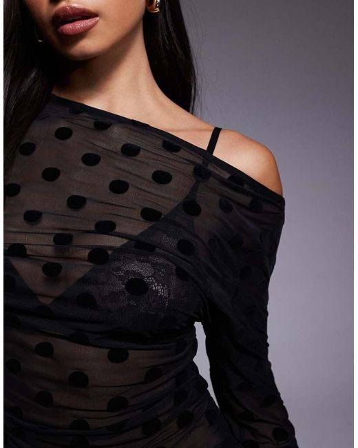 ASOS Gray Sheer Flocked Mesh Polka Dot Off Shoulder Top