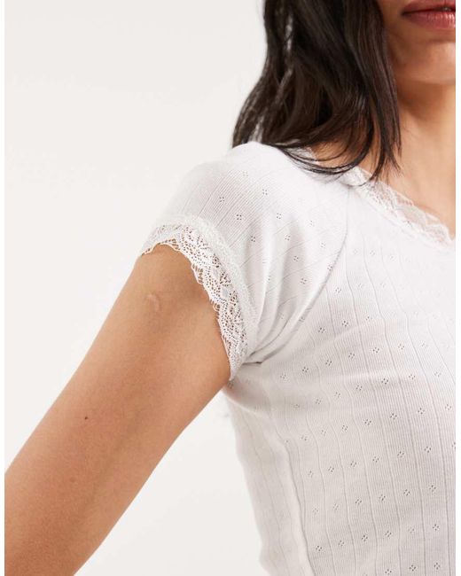 Brave Soul White Pointelle T-shirt With Lace Trim