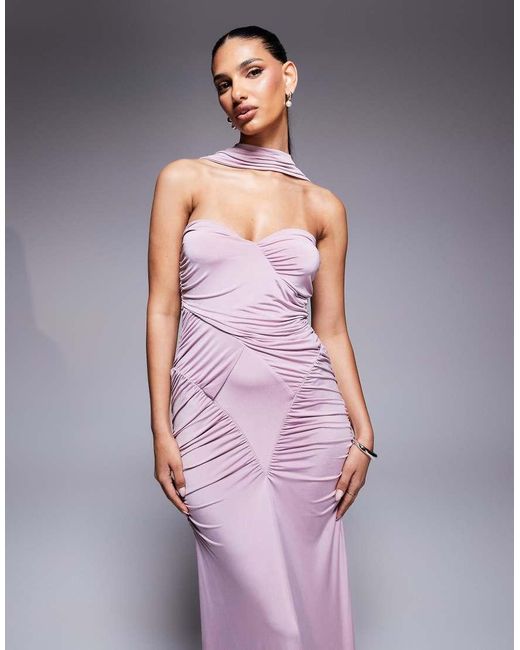 ASOS Purple Slinky Bandeau Ruched Maxi Dress With Neck Tie