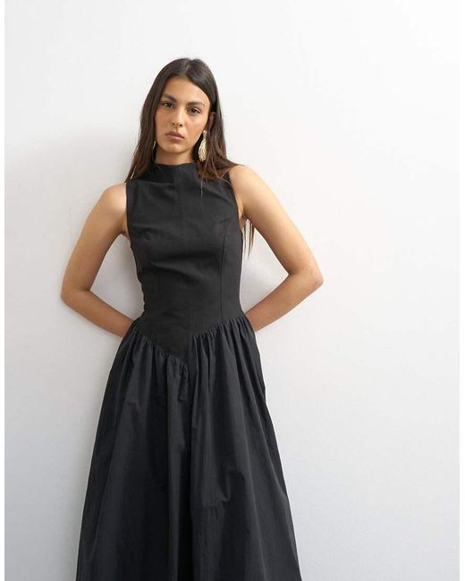TOPSHOP White High Neck Asymmetric Waist Bubble Hem Maxi Dress