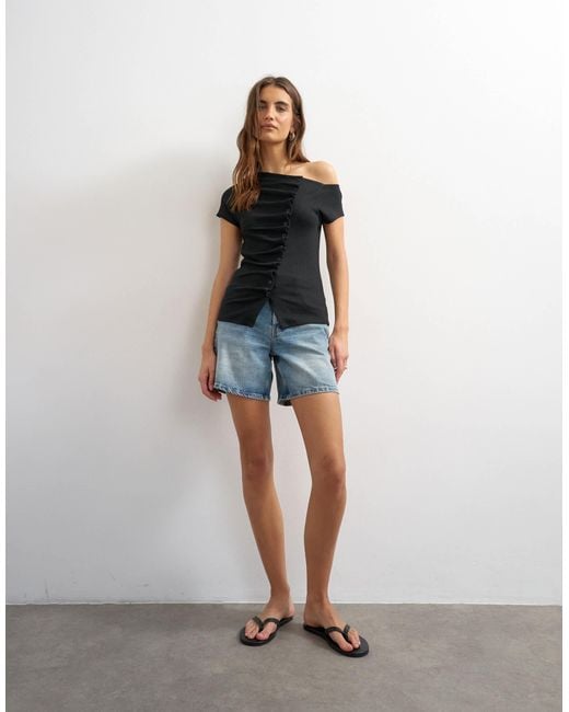 TOPSHOP Black Bardot Button Through Top