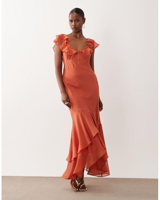 ASOS Red Frill Sleeve Maxi Dress With Fishtail Hem