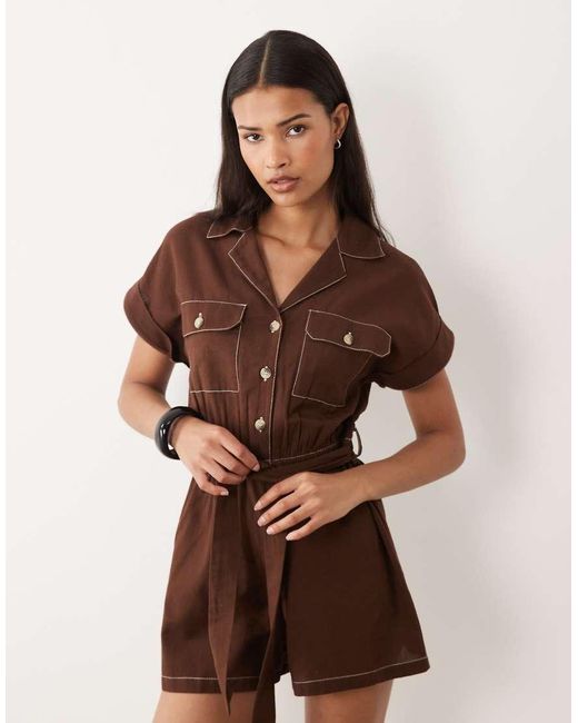 Wednesday's Girl Brown Short Sleeve Tie Waist Playsuit