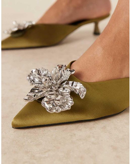 ASOS Brown Savvy Flower Detail Mid Heel Mules