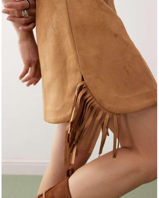 Reclaimed Vintage Natural Faux Suede Festival Mini Skirt With Fringing