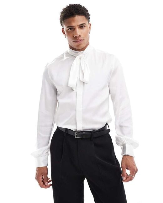 ASOS White Satin Regular Shirt With Tie Neck And Blouson Volume Sleeve for men