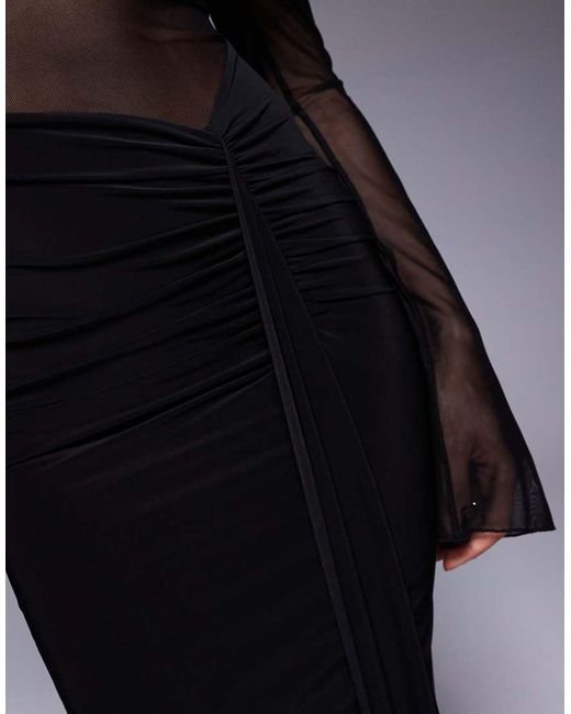 Kaiia Blue Exclusive Double Layered Slinky Foldover Bardot Sheer Panel Ruched Skirt Maxi Dress