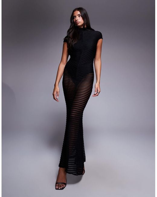 ASOS Blue Capped Sleeve Textured Sheer Maxi Dress With Bodysuit