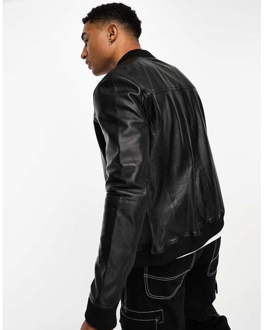 Barney's Originals Black Dio-Washington Real Leather Bomber Jacket for men