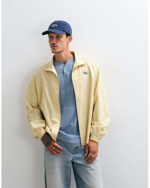 ASOS Blue Boxy Oversized Zip Through Funnel Neck Jacket With Chest Embroidery for men