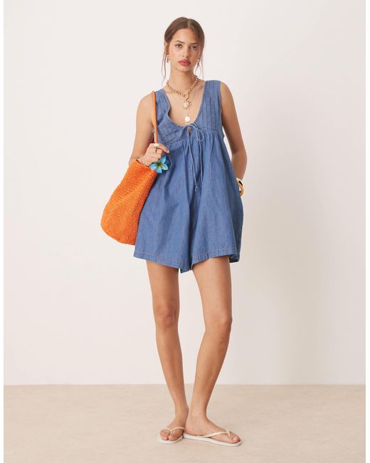 Miss Selfridge Blue Denim Romper With Pintuck Detail