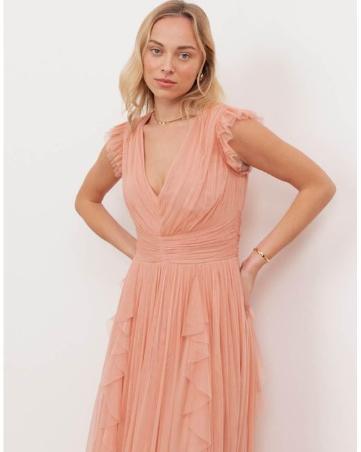 ANAYA Pink V Neck Waterfall Ruffle Sleeveless Midaxi Dress