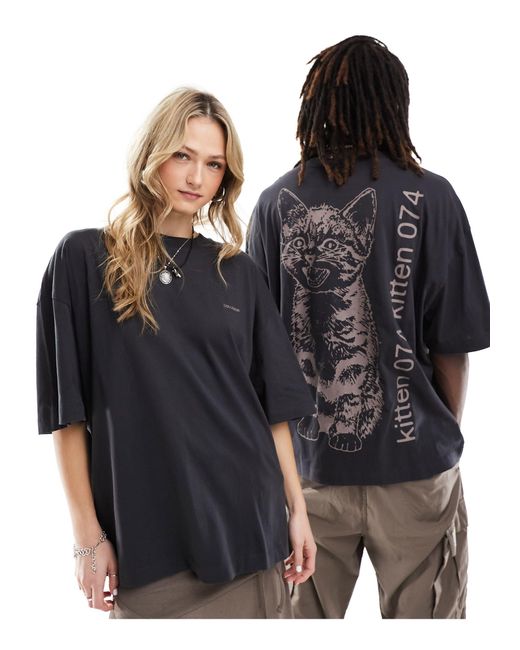 Unisex - t-shirt coupe skateur avec imprimé chat - anthracite Collusion en coloris Black