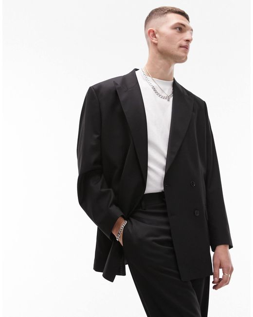Topman Black Oversized Double Breasted Blazer for men