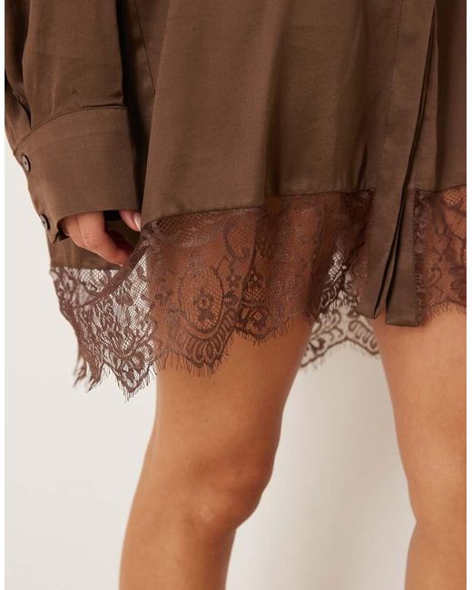 ASOS Brown Satin Shirt Mini Dress With High Low Curved Hem