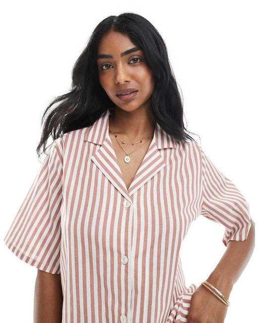 Wednesday's Girl Pink Button Through Linen Boxy Striped Shirt Co-ord