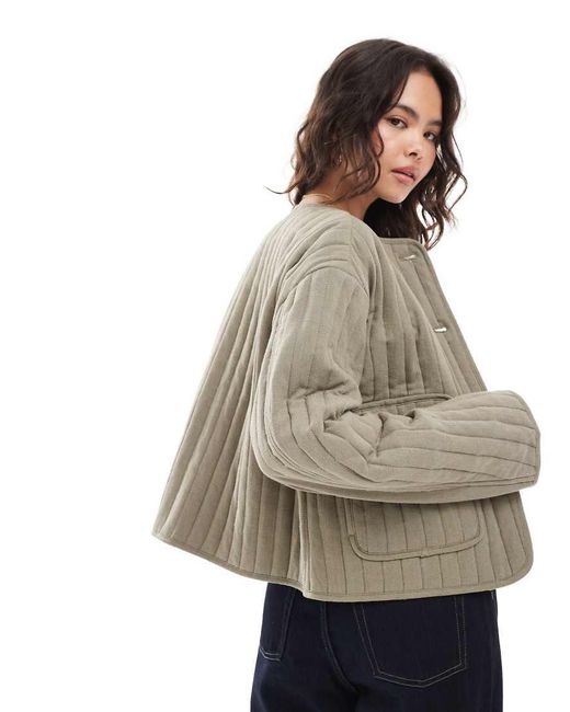 ASOS Natural Linen Crop Collarless Quilted Jacket
