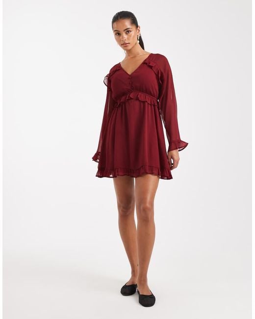 Wednesday's Girl Red Floaty V-Neck Mini Smock Dress