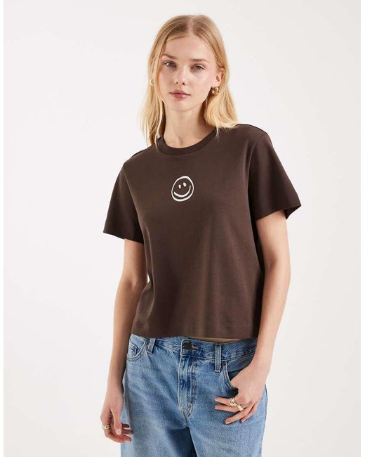 Vero Moda Brown Boxy Tee With Smile Face Graphic