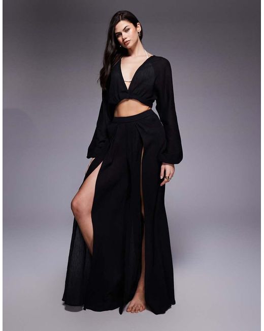 ASOS Black Kiki Beach Plunge Long Sleeve Top
