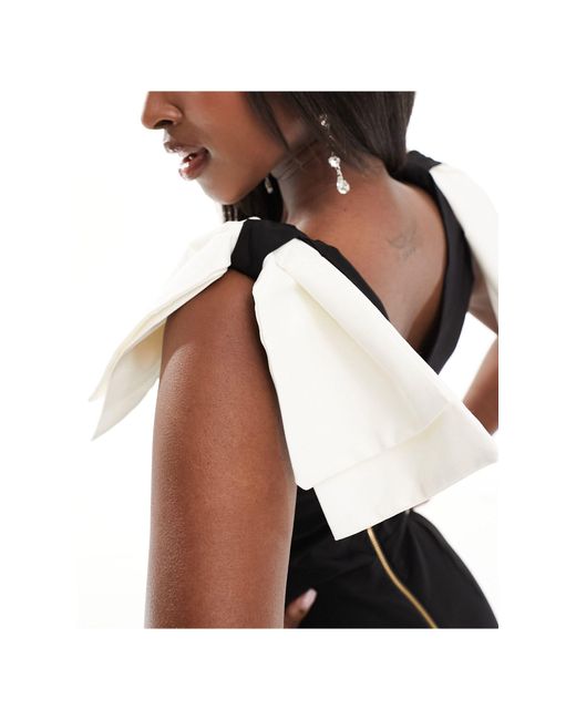 Vesper Black White Bow Sleeve V Neck Midi Dress