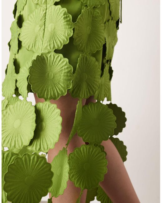 ARRANGE Green Curve Cutwork Floral Midi Dress With Fringe Hem