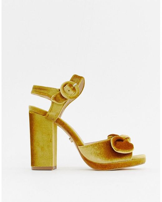 Oasis Block Heeled Sandals In Yellow Velvet