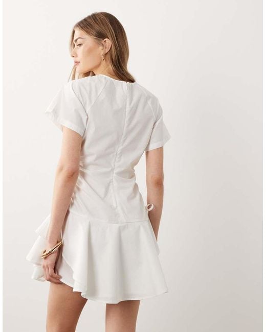 ASOS White Poplin Short Sleeve Mini Dress With Ruching Tie Waist Detail