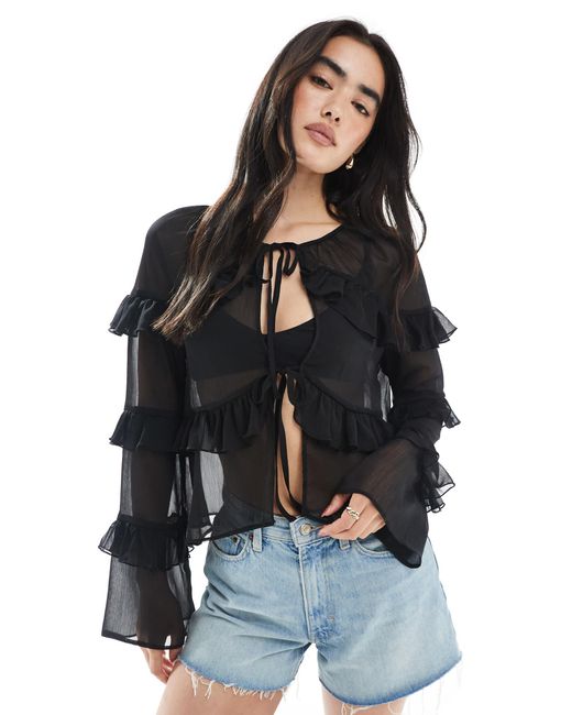 Miss Selfridge Black Tie Front Ruffle Blouse