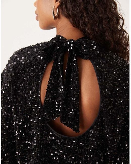 ASOS Black Velvet Sequin Open Back Long Sleeve Blouse