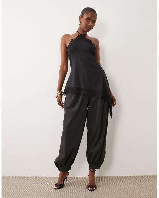 ASOS Black Slinky Long Line Lace Trim Asymmetric Halterneck Top