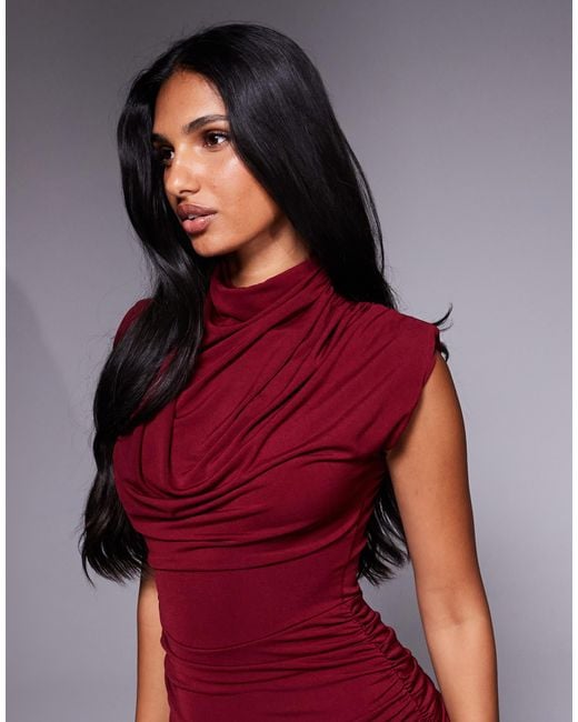 TFNC London Red High Neck Padded Shoulder Midi Dress