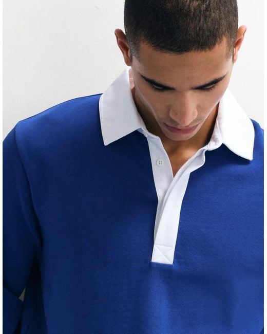 ASOS Blue Rugby Polo With Contrast Collar for men
