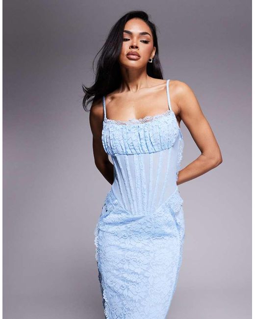 Murci Blue Exclusive Lace Corset Detail Cami Maxi Dress