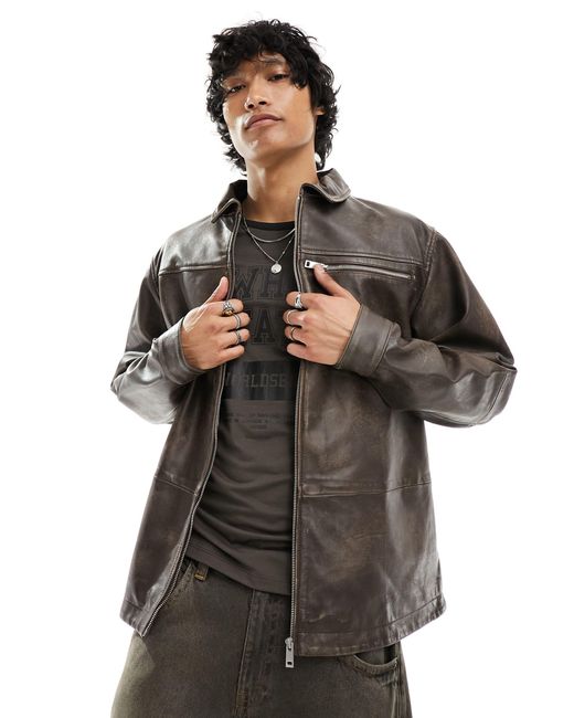 ASOS Gray Real Leather Oversized Distressed Harrington Jacket for men