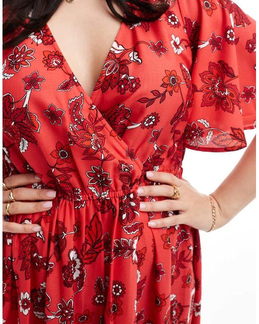 Yours Red Puff Sleeve Floral Maxi Dress