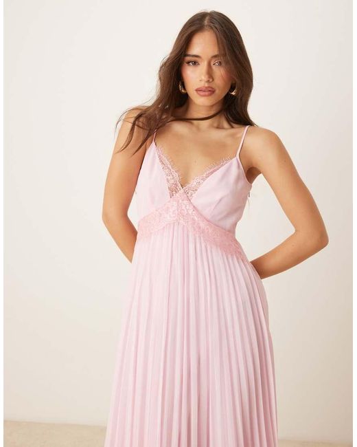 Vestito Midi Con Spalline Sottili A Pieghe Rosa Zucchero Con Scollo A V E Finiture di ASOS in Pink