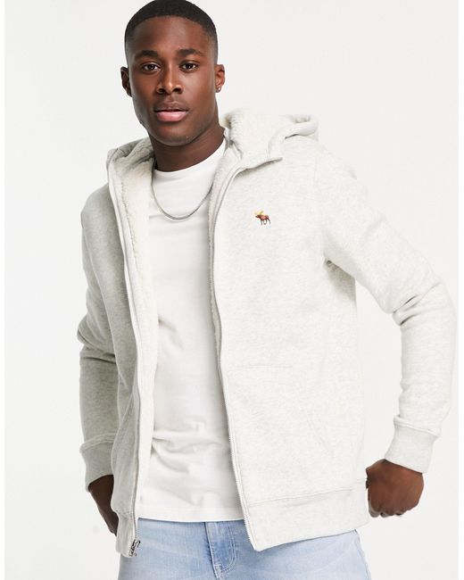 Abercrombie & Fitch Icon Logo Sherpa Lined Full Zip Hoodie in White for Men  | Lyst