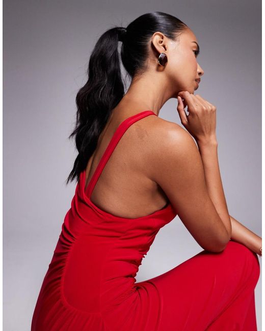 ASOS Red Slinky Maxi Dress With Shoulder Pad And Sculpted Seams
