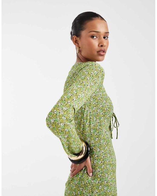 & Other Stories Green Vee Neck Bias Cut Dress With Fluted Sleeves