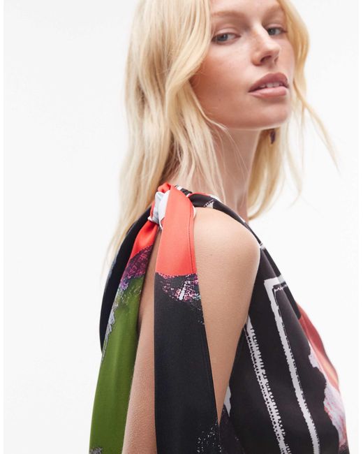 TOPSHOP White – satin-oberteil mit seitlichem bindedetail, one-shoulder-träger und schalmuster