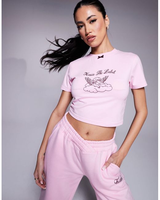 T-shirt raccourci d'ensemble riche en coton avec nœud et logo ange - et bordeaux Kaiia en coloris Pink